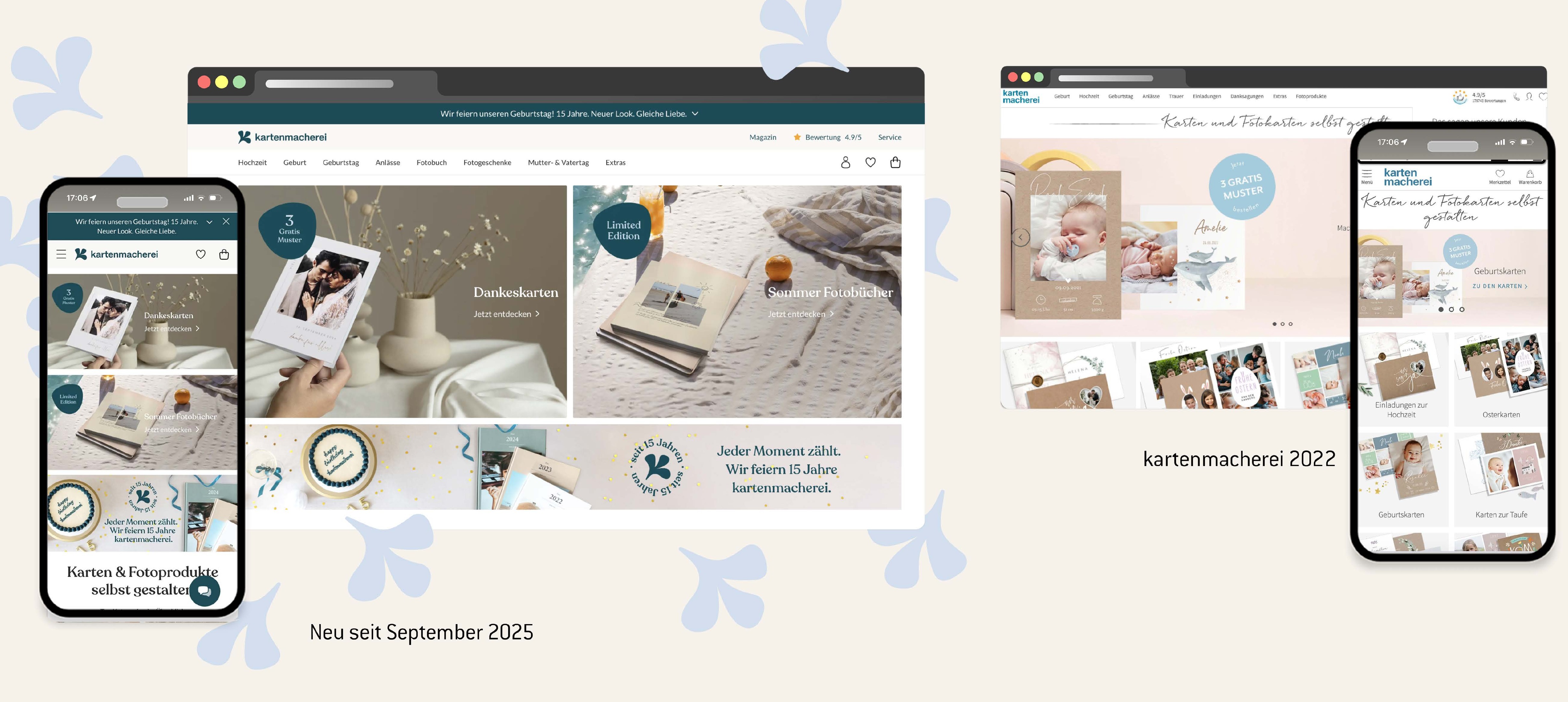 Side-by-side comparison of the kartenmacherei website before the rebrand (2022) and after (2025)